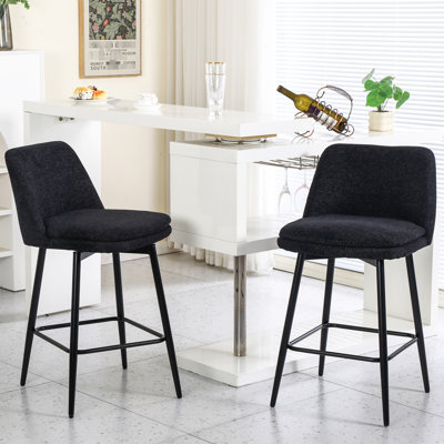 Tabouret de comptoir de 25,6 po de hauteur pour 2 personnes - revêtu de tissu de lin et de pieds en métal pivotant pour le pub de cuisine 2, 360 pieds arrière, hauteur, îlot et pub appropriés, noir
