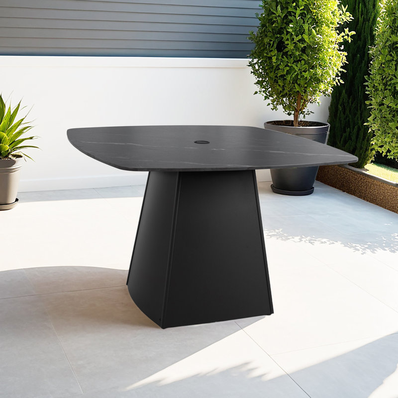 Modern 44" Rounded Square Outdoor Dining Table with Black Sintered Stone Top, Seats 4