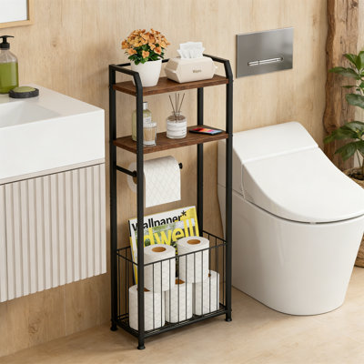 4-Tier Freestanding Toilet Paper Holder With Wood Shelves And Basket