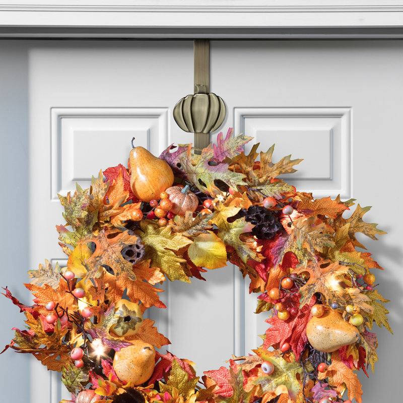 Adjustable Length Wreath Hanger with 4 Interchangeable Icons, Antique Brass