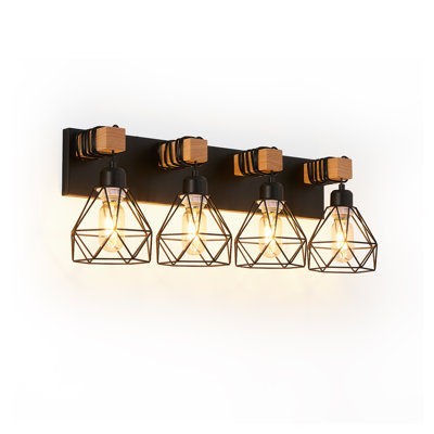 Modern Industrial 4-Light Vanity Light Fixture with Geometric Cage Shades & Wood Accents for Bathroom Over Mirror