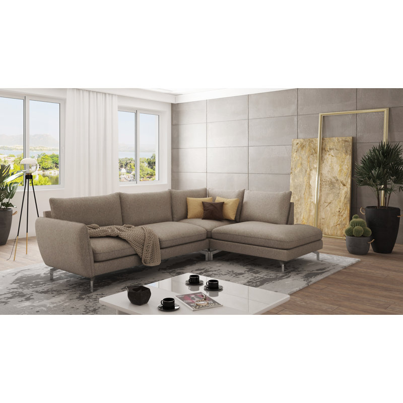 Modern L-Shape Corner Sofa  with Silver Metal Legs, Dark Beige, Right Hand Facing