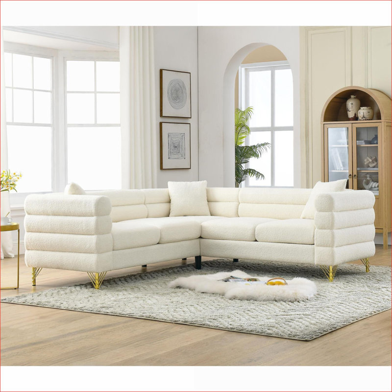Cioffred 81.5" L-Shaped 5-Seater Sectional Sofa with Cushions, White Teddy