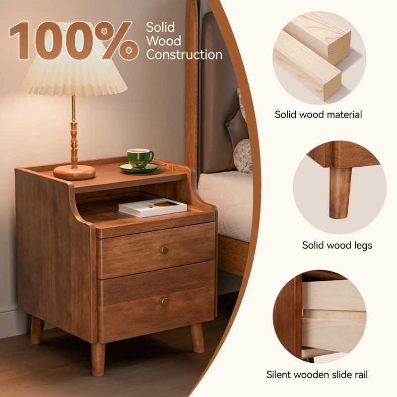 Nightstand with Drawers, Pre-Assembled, Natural Solid Wood Night Stand with Open Sliding Shelf, Walnut