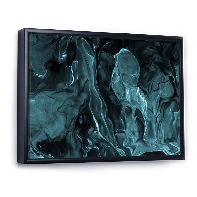 «Turquoise Creative Abstract Dark I», peinture sur toile, H 34 po x l 44 po, Cadre flottant noir