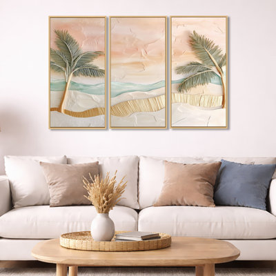 Tropical Beach Canvas, Palm Leaf Wall Art - Jamil 3 Piece Framed Canvas Wall Art Set Coastal Home Decor