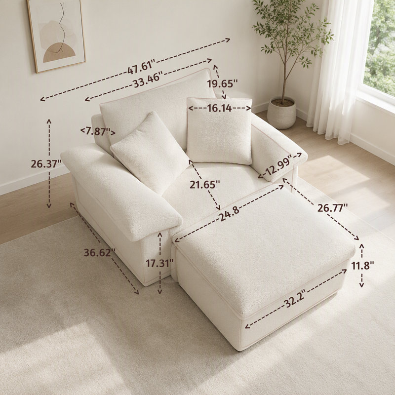 Fauteuil surdimensionné et demi avec repose-pieds, siège profond et assemblage sans outil, Tissu beige