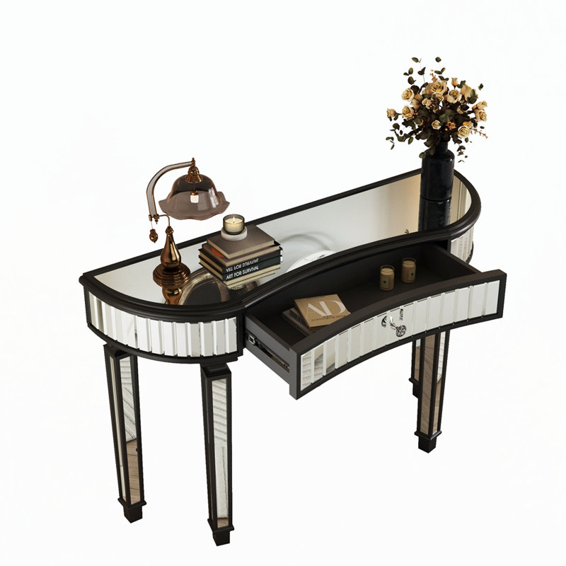 Console à miroir en demi-lune de 47 pouces avec verre cannelé et poignée en cristal, parfaite pour le vestibule ou la chambre à coucher