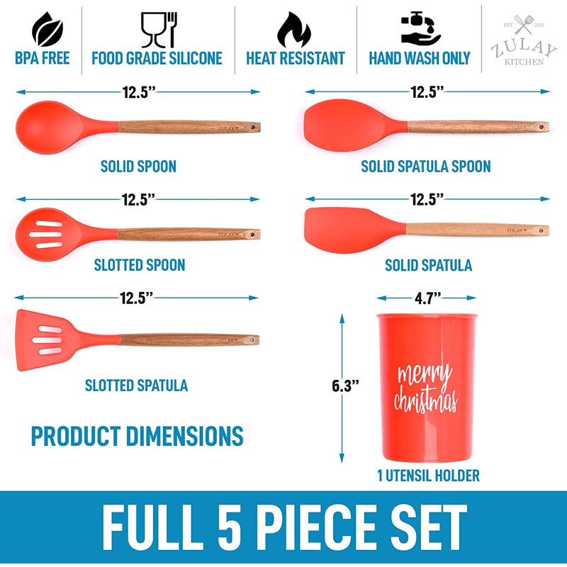 Christmas Red Silicone Utensils Set with Acacia Wood Handles