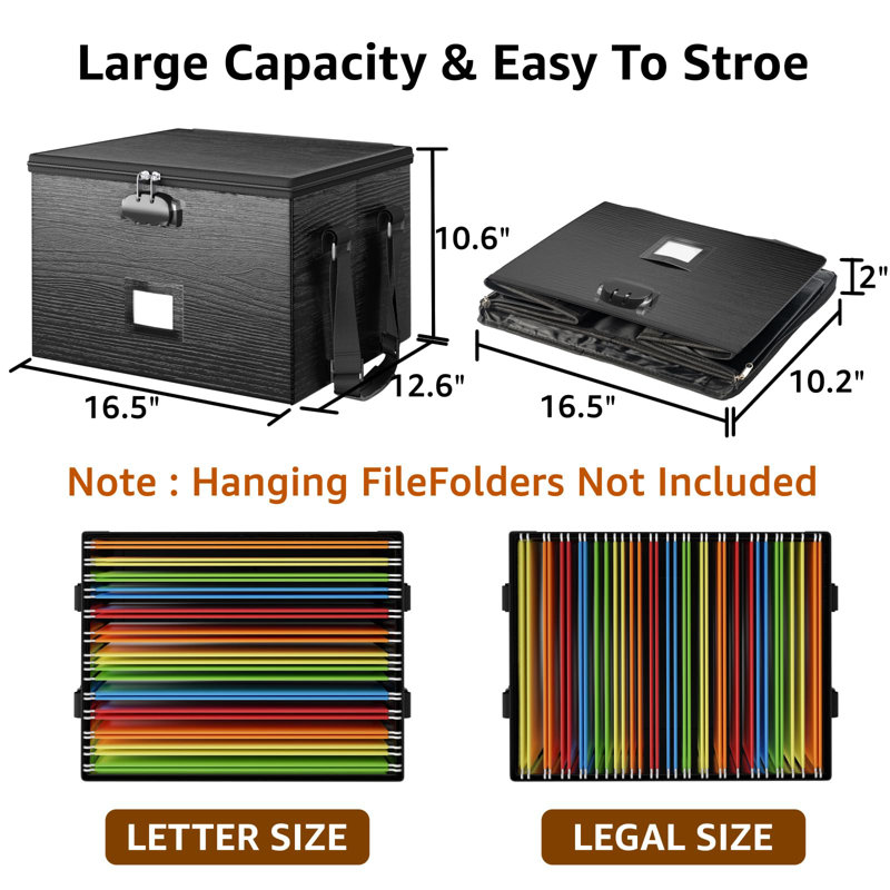 Fireproof Document Box File Organizer - Portable Locking Filing Storage Box With Handle Waterproof For Hanging Letter/Legal Folder Important Document