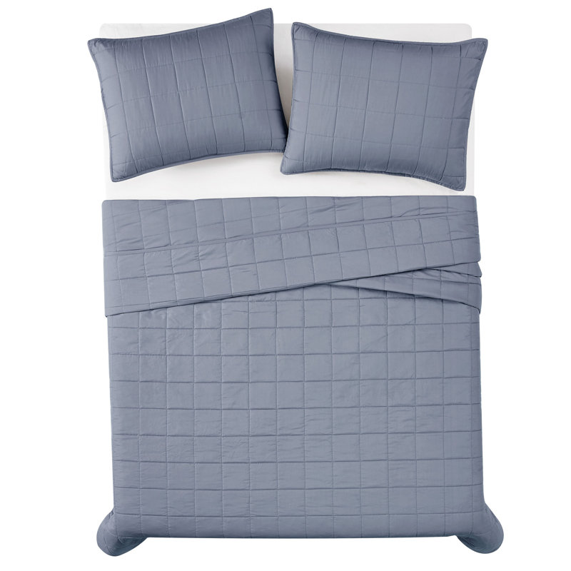 London Fog Garment Wash Solid Quilt Set, Full/Queen Quilt + 2 Standard Shams, Blue