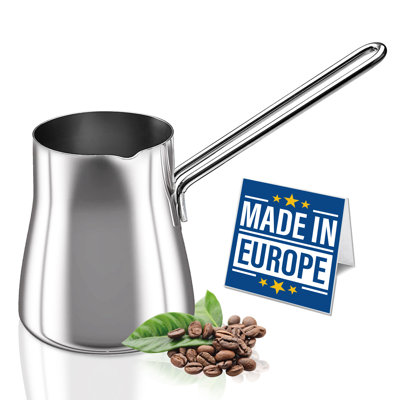 Crystalia Turkish Coffee Pot 18/10 Stainless Steel – Stove Top Tea Maker, Milk Warmer, Greek Arabic Coffee Cezve Briki, 15 oz (Silver, Small)
