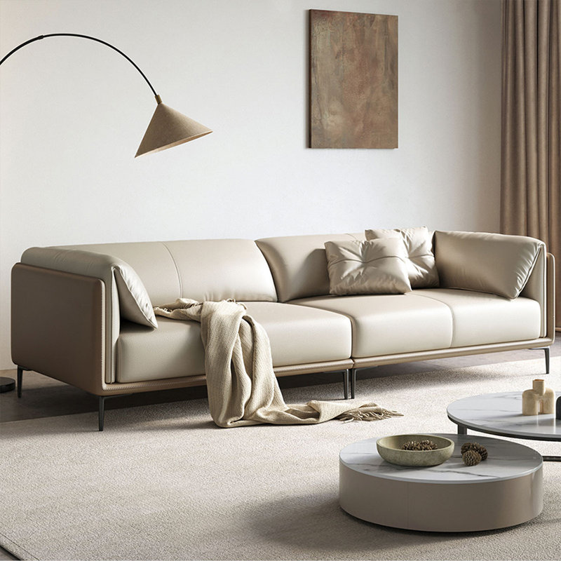 Canapé modulaire beige en cuir véritable, Beige, H 27,56 po x l 98,43 po x P 37,4 po