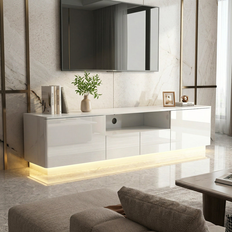 4-Drawer TV Stand With Glossy Finish And Warm Lights, White