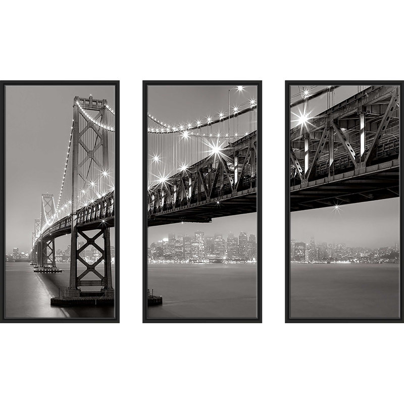 Bay Bridge At Night - 3 pièces, cadre photo flottant sur toile, L 52,5 po x H 33,5 po