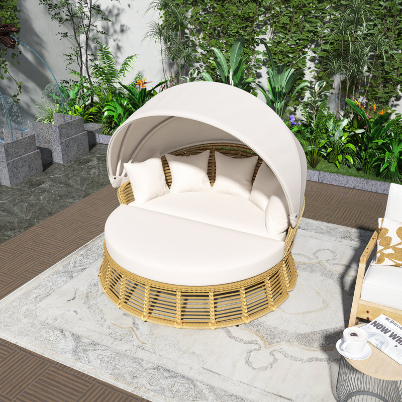 Outdoor Patio Rattan Round Daybed, With Retractable Canopy,Multiple Uses,Adjustable Feet,Removable Cushions,5 Pillows,Washable,Easy To Install