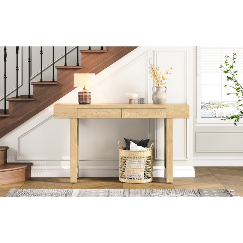 Table de salon étroite avec finition en bois naturel et console de rangement pratique, système pratique