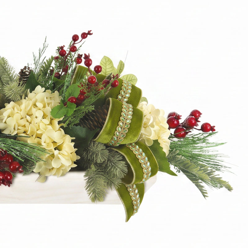 Holiday Arrangement with Hydrangeas, Ribbons and Berries