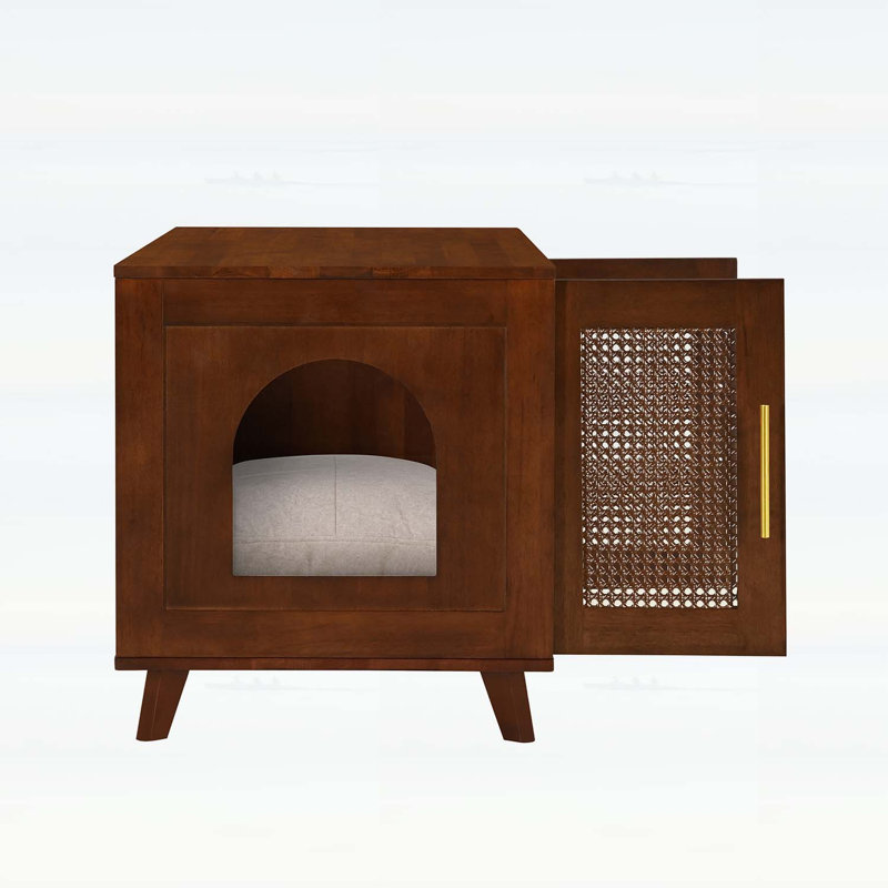Armoire pour chat d'intérieur en bois d'hévéa avec coussin confortable - Élégant mobilier caché pour animaux pour espaces modernes