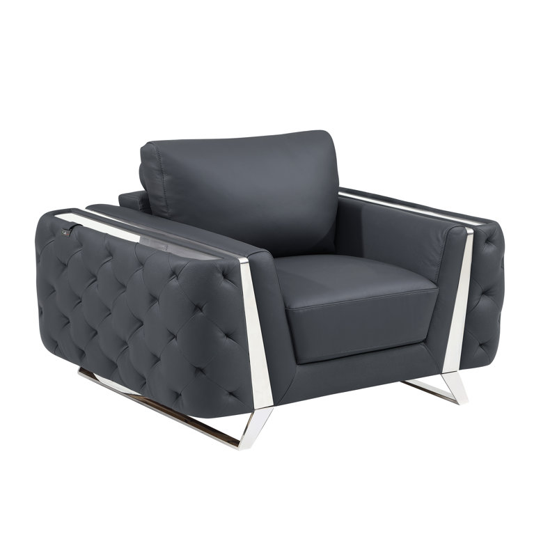 Anissa Top Grain Italian Leather Armchair, Dark Gray Genuine Leather, Chrome