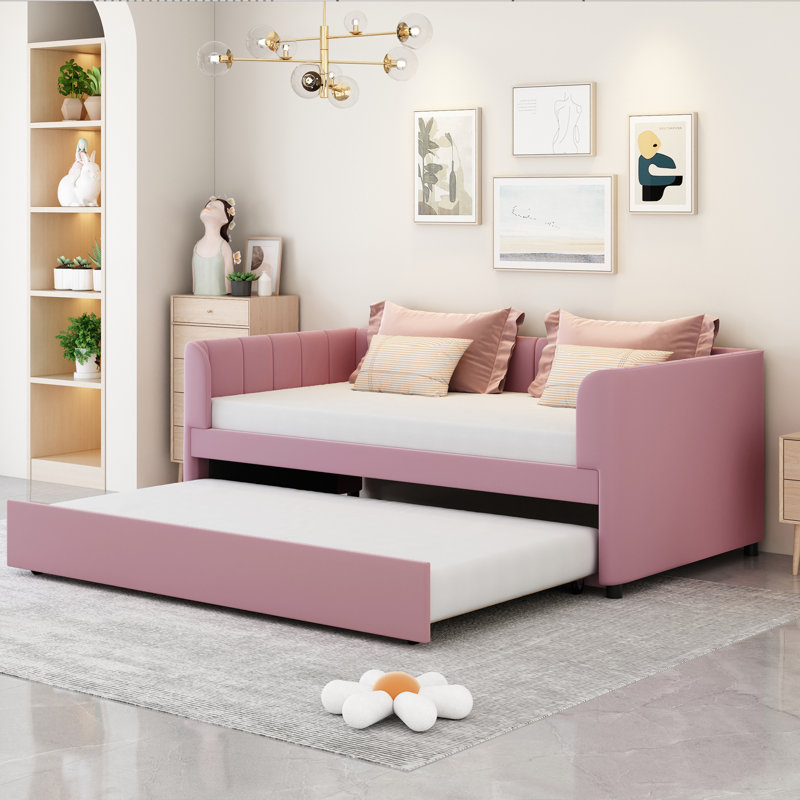 Lit de jour rembourré avec lit gigogne ergonomique, Rose