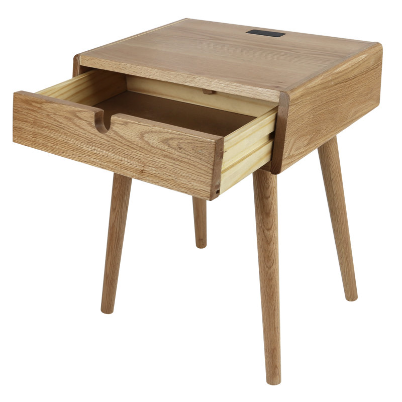 Evins Solid Wood End Table with Storage and Built-In Outlets