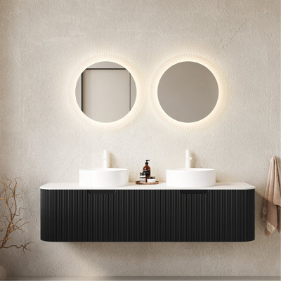 60" Bathroom Vanity With Sinks, Wall-Mounted Floating Curved Edges Striped Bathroom Storage Cabinet With 2 Drawers, 2 White Round Ceramic Basins, NO Faucet, Pre-Assembled, Black Color