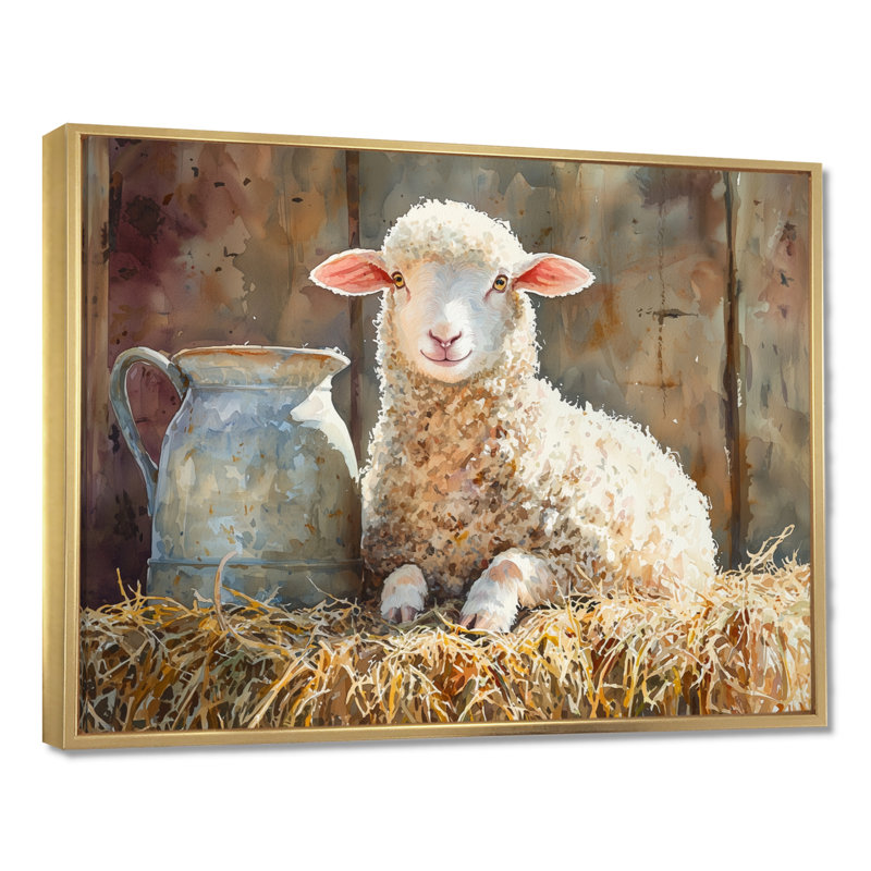 Portrait d'un bébé mouton à la grange - Art mural pour le salon, H 34 po x l 44 po, Impression encadrée flottante, Doré