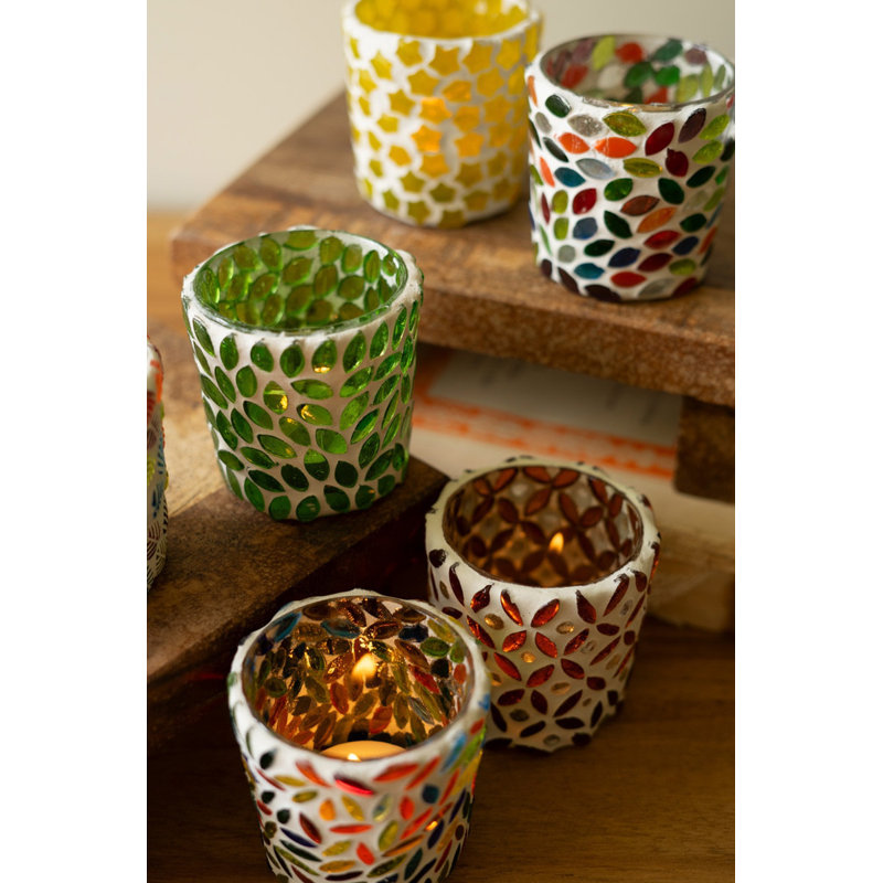 Kalaou Decorative Set of 6 Mosaic Glass Votive Holders Jewel-Like Glow 2.5" H
