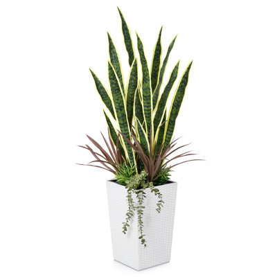 Artificial Snake Plant 4FT - UV Resistant Faux Plant with Tapered Planter and Decorative Plants