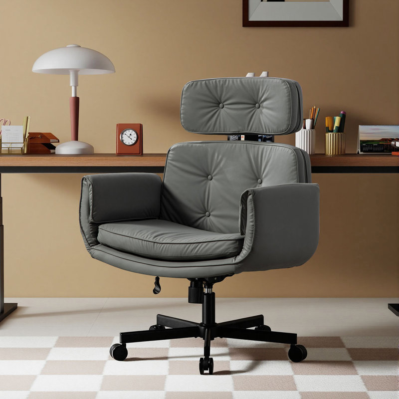 Criss Cross Chair With Armrests Pu Leather Vanity Chair Swivel Computer Office Desk Chairs For Home, Make Up, Bed Room, Gray