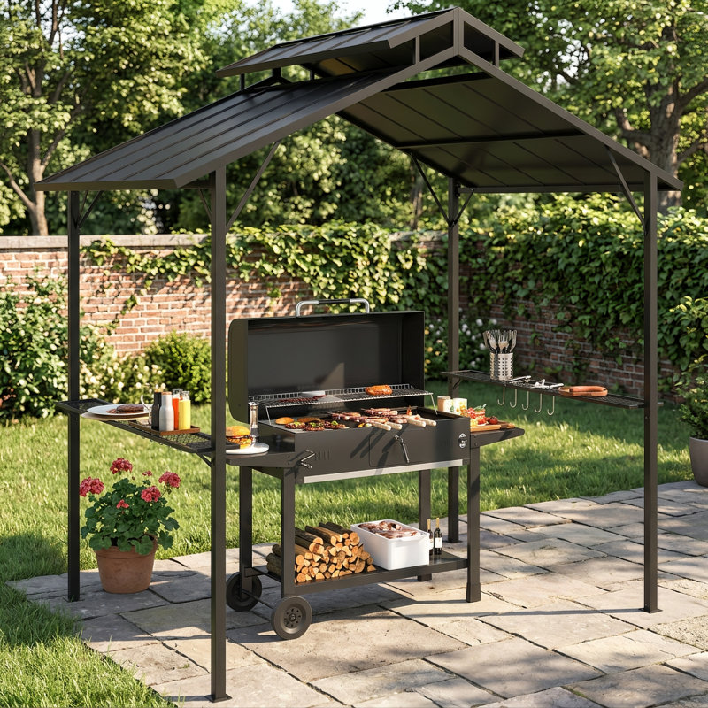 Gazebo double toit rigide de 2,4 x 1,5 m avec barbecue intégré, idéal pour terrasse, jardin ou pelouse.