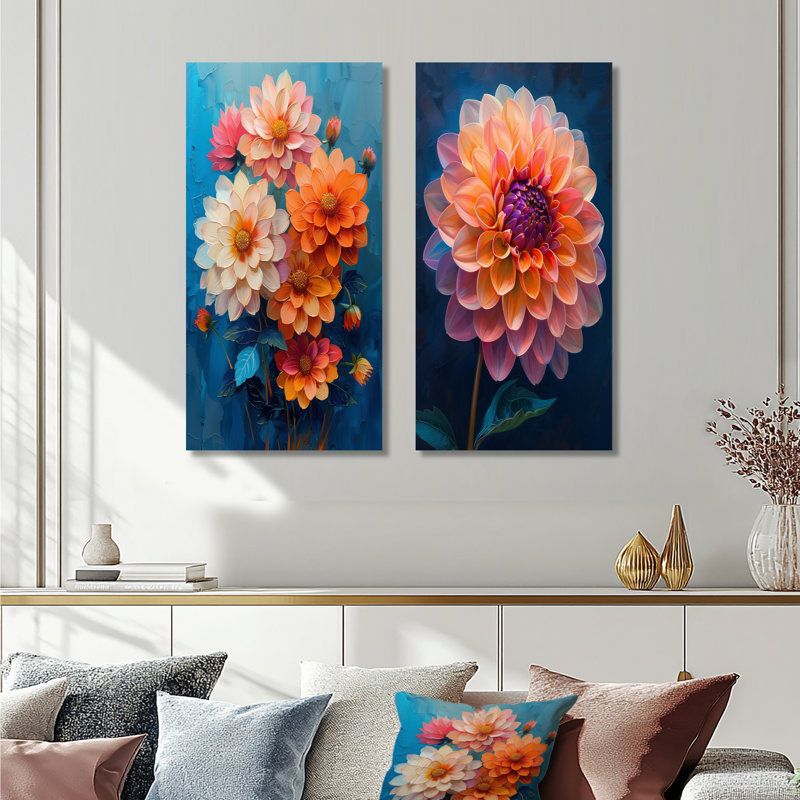 Dahlia mauve orange sur bleu Bloom II - ensemble de 2 impressions murales en métal botanique rose, 32" H x 32" W