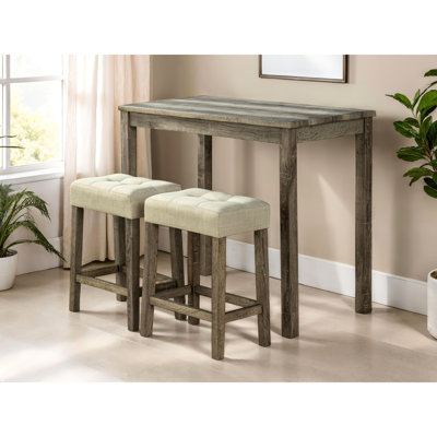 Table de salle à manger transitionnelle 3 pièces avec table en bois d'hévéa, 2 tabourets et coussins, tabourets de table brun brun de 42 po, style contemporain