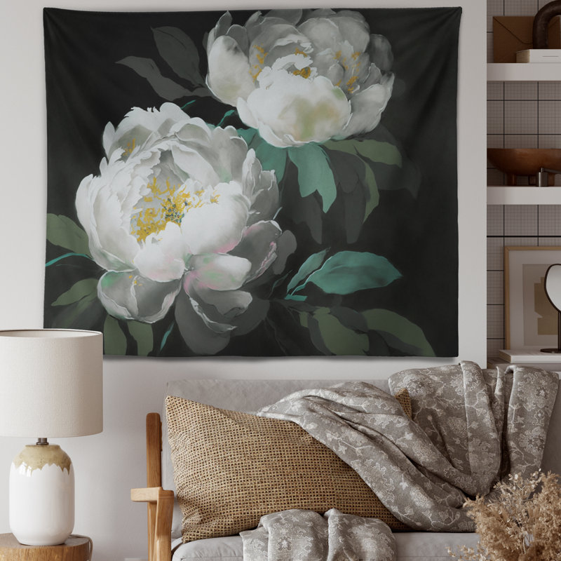 Tapisserie pivoine blanche en polyester IV, H 32 po x l 39 po