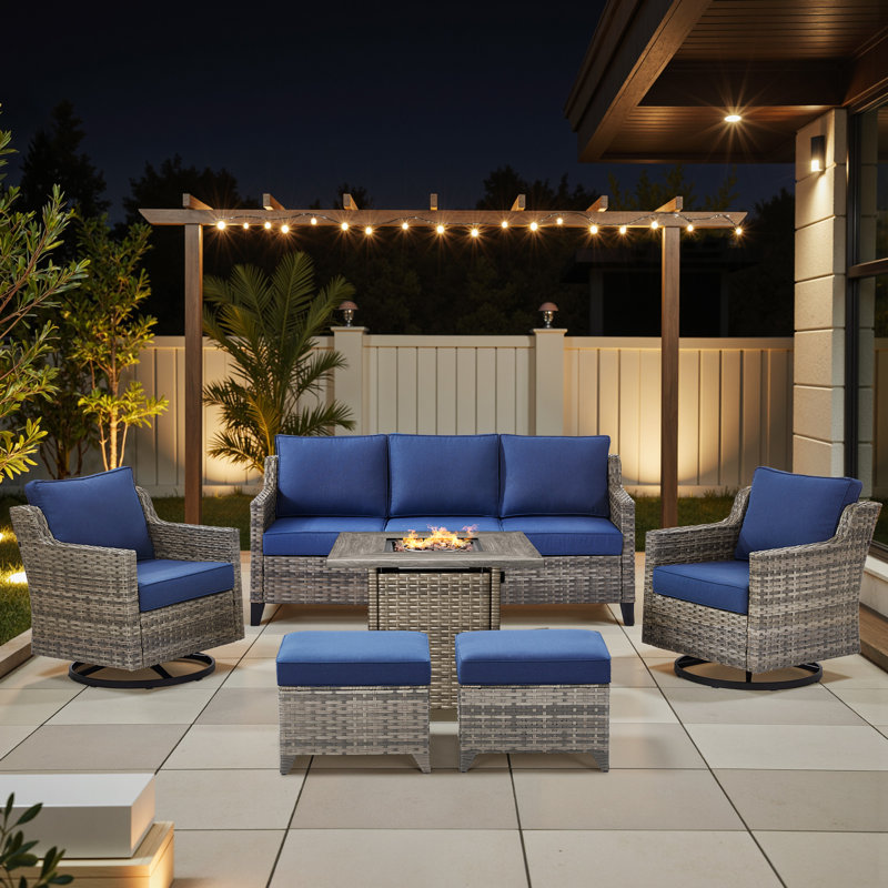 Maelie 6-Piece Outdoor Patio Fire Pit Conversation Set With Square Fire Pit, Swivel Gliders And Ottomans, Blue