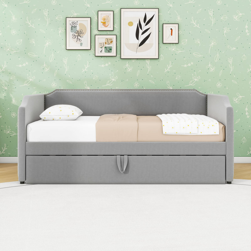 Twin Velvet Upholstered Daybed with Lift-Up Twin Trundle, Gray