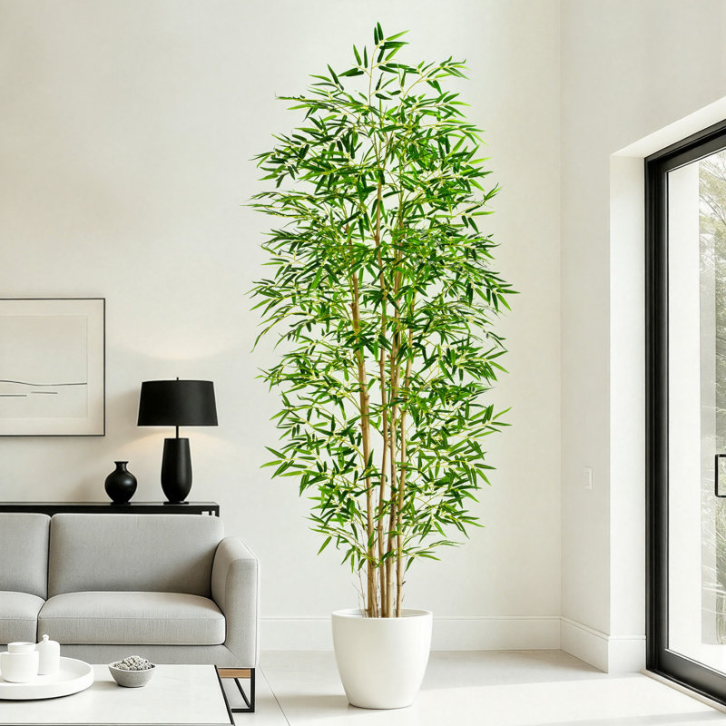 Bambou artificiel de 2,13 m (7 pi), plante d'intérieur en faux bambou avec pot en ciment noir, feuillage artificiel réaliste pour brise-vue, décoration intérieure pour salon, chambre, bureau, entrée et terrasse.