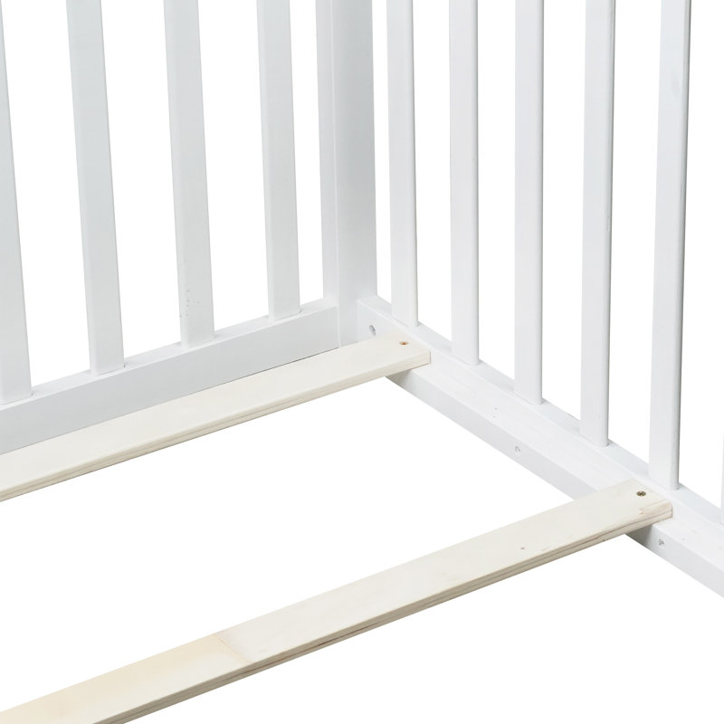 Kids Floor Bed With High Fence And Lockable Door Solid Wood Platforms Standard Bed, Twin, White