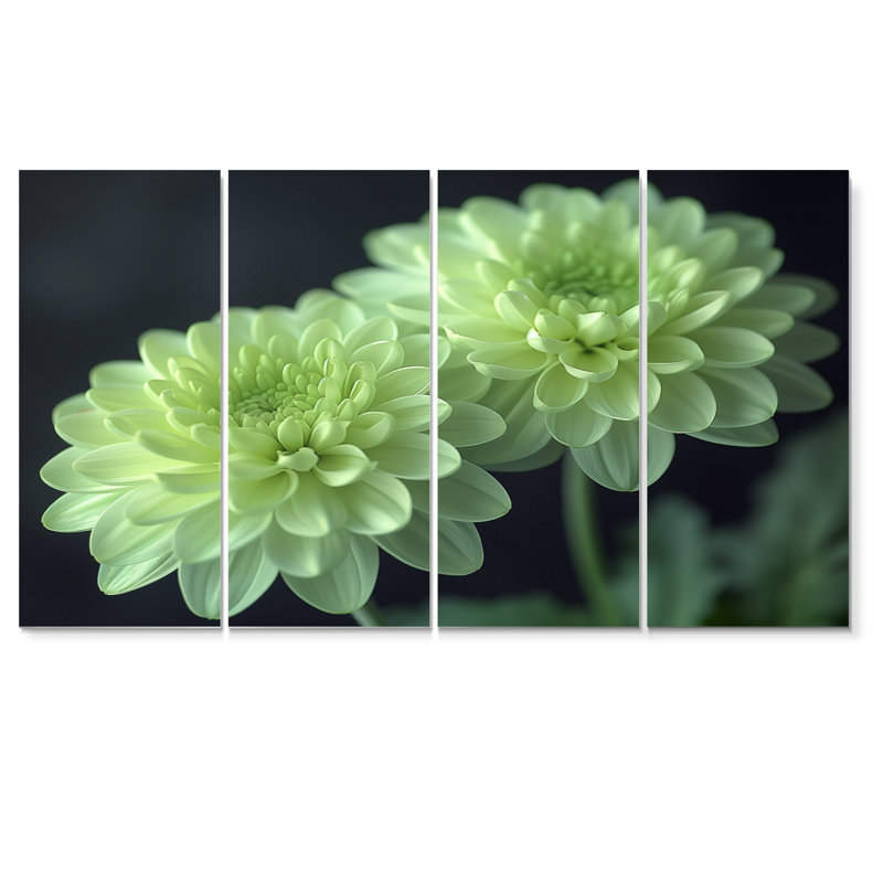 Green Monochrom Mums Flowers Bouquet I - Mums Wall Art Living Room Set, 32" H x 64" W