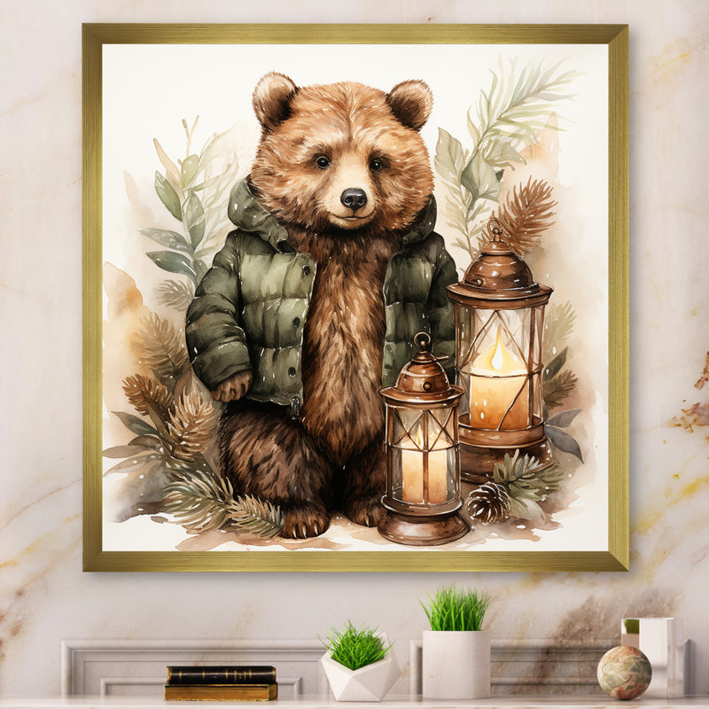 Ours en peluche de Noël, chambre de bébé III - art mural de l'ours en peluche, Cadre doré simple, H 16 po x l 16 po x P 1 po