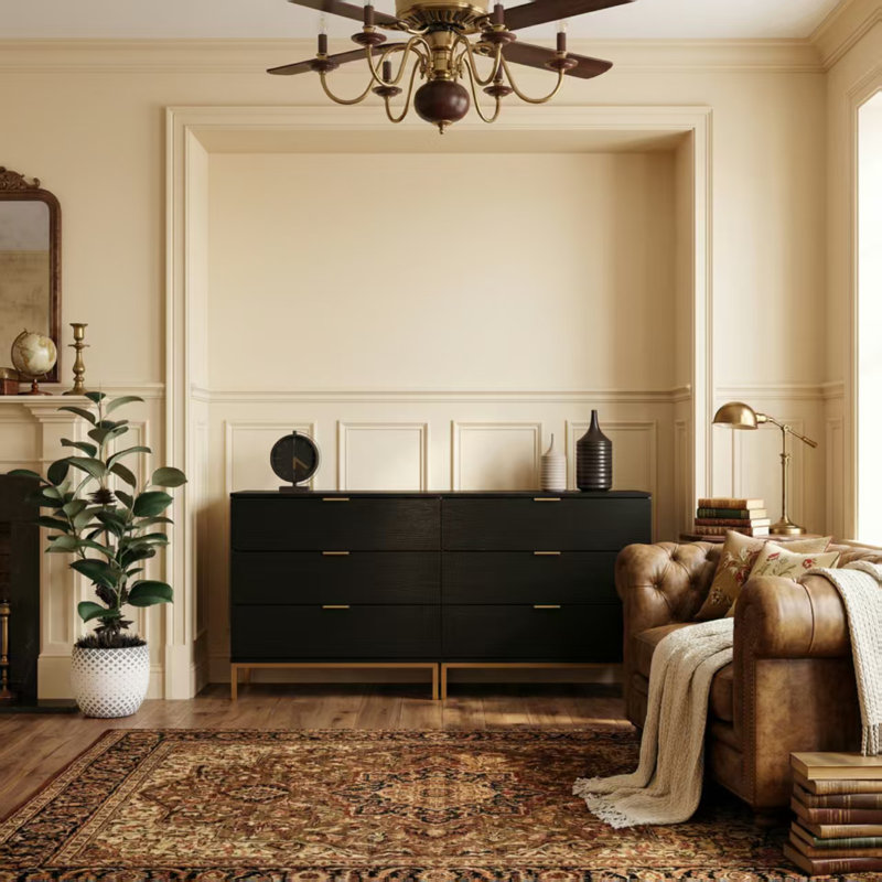 (Set Of 2) 6 Drawers Dresser Set With Metal Legs, Brown/Black