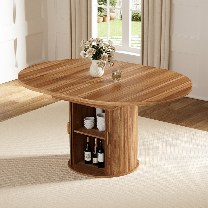 Hommpa 59" Extendable Round Dining Table For 4-6, Oval Kitchen Table With Storage And Sturdy Wooden Base, Farmhouse Dining Room Table For Small Space, Living Room, Walnut