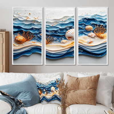 Abstrait coquillage et plage vue aérienne IV - art mural toile côtière - ensemble de 3