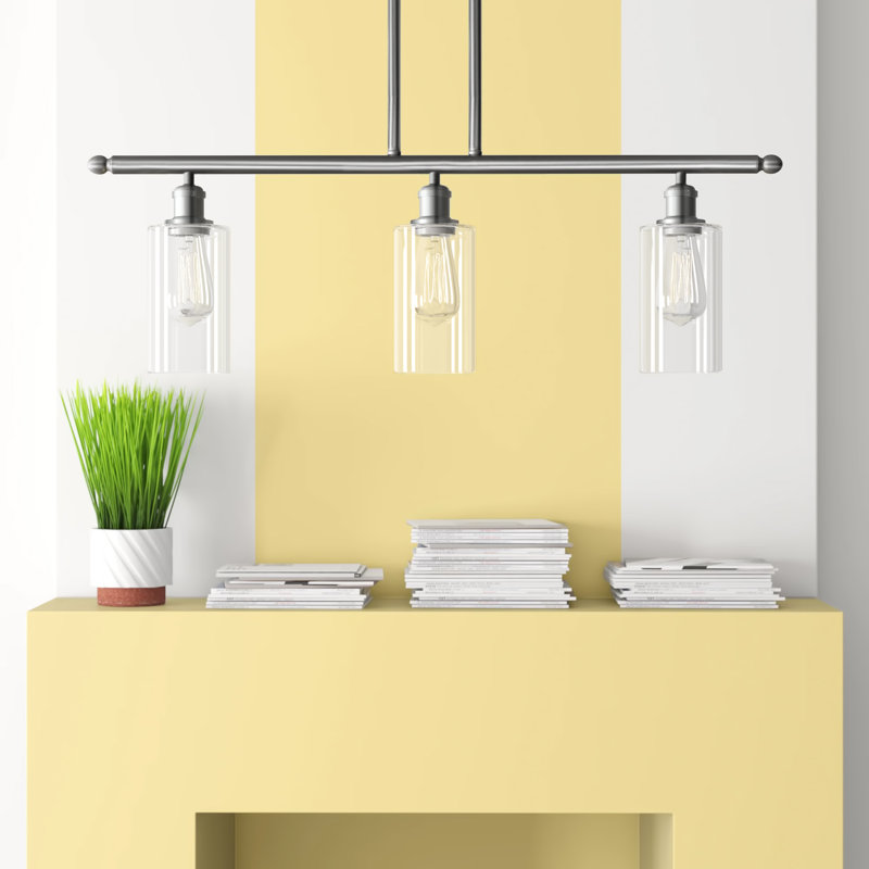 Lustre cylindrique à 3 lumières pour îlot de cuisine Glessite, Transparent, Nickel satiné brossé, DEL