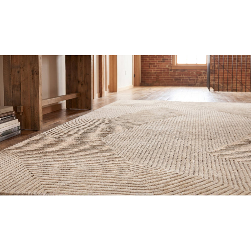 Tapis contemporain ivoire en laine noué à la main, 6 pi x 9 pi