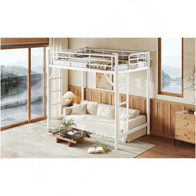 Twin Size Metal Loft Bed, Loft Bed with Easy Climbing Ladder and Guardrails , White