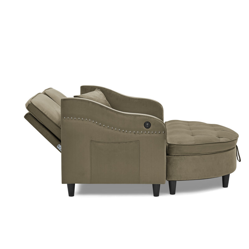 Canapé deux places avec repose-pieds incurvé avec rangement et port USB, brun