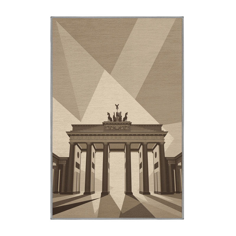 Machine Washable Pandelica Berlin Brandenburg Gate Modern Rug in Gray – Gray Binding, 5x8