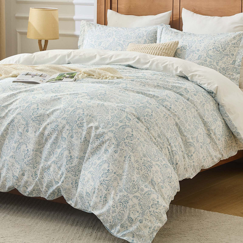 Kingrest Luxury 100% Cotton Queen Duvet Cover Set Floral Printed, Soft & Breathable 3 Pieces Queen Bedding Sets, Pattern Queen Comfy Duvet Cover Set with Zipper Closure